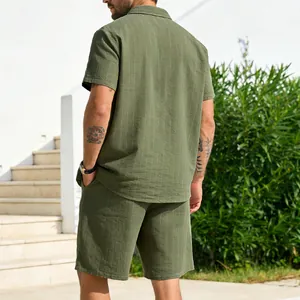Back view of a men's olive green striped linen shirt and shorts set for casual wear