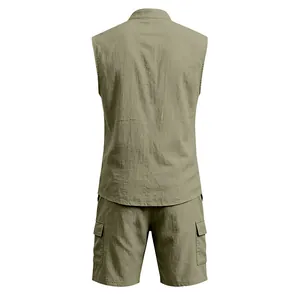Detailed back view of men's summer linen set with sleeveless shirt and olive cargo shorts