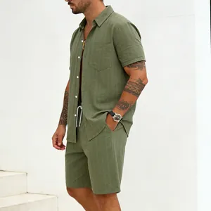 Men's casual green pinstripe linen-blend short-sleeve shirt and matching shorts set
