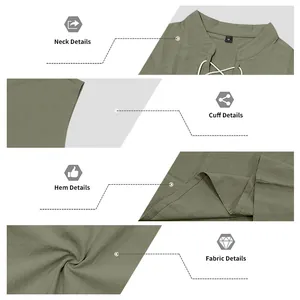 Detail view of men's sleeveless lace-up shirt neck, cuff, and fabric
