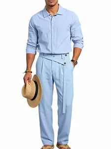 Completo uomo camicia e pantaloni in lino celeste con cintura obliqua unica