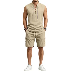 Front view of summer men's linen set featuring lace-up collar and cargo pocket details