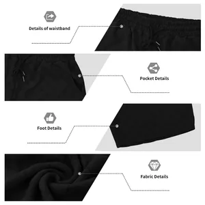 Detailansichten der schwarzen Schachbrett-Shorts mit Bund, Taschen und Stoff.