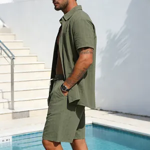 Close-up detail of men olive green striped linen short sleeve shirt and shorts set