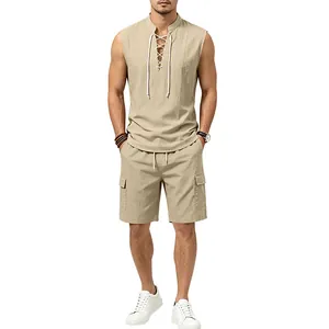 Full view of men's beige sleeveless lace-up linen shirt and matching cargo shorts set