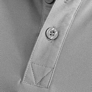 Macro close-up showing the placket button and breathable pique fabric of a grey polo shirt