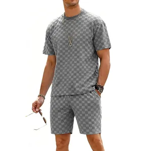 Herren-Set mit grauem Schachbrettmuster, bestehend aus T-Shirt und Shorts für Freizeit