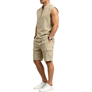 Summer men's khaki breathable linen set with sleeveless lace-up shirt and cargo shorts