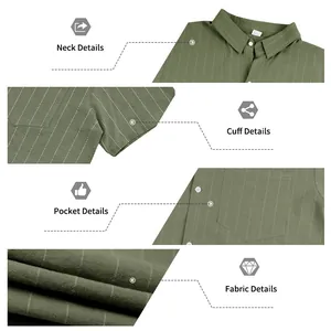 Detailed views of men's green striped linen shirt neck, cuff, pocket, and fabric texture