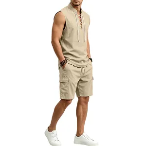 Summer men's breathable linen set featuring sleeveless lace-up shirt and khaki cargo shorts