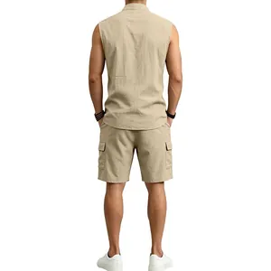 Back view of breathable men's sleeveless linen shirt and matching cargo shorts set in beige.