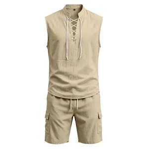 Close-up of men's beige linen set featuring sleeveless lace-up top and cargo shorts