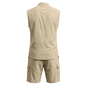 Back view of men's khaki linen sleeveless shirt and multi-pocket cargo shorts set