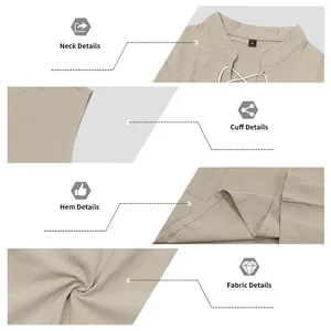 Detailed views of men's linen sleeveless lace-up shirt neck hem and fabric texture