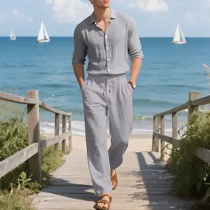 Detail view of men's breathable linen two-piece set in a coastal holiday setting