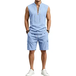 Men's light blue summer linen set featuring a lace-up sleeveless shirt and cargo shorts