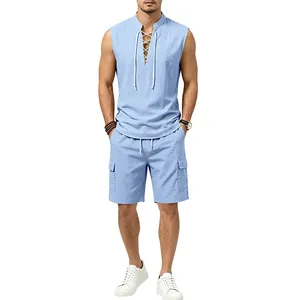 Detailed view of men's blue linen sleeveless lace-up shirt and cargo shorts set