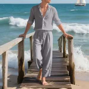 Casual men's linen two-piece set featuring long-sleeve shirt and matching drawstring trousers