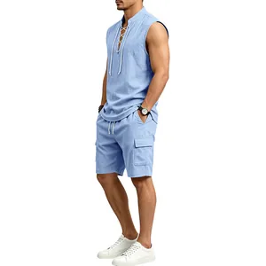 Men's summer linen-blend sleeveless lace-up shirt and cargo shorts set in light blue.