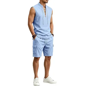 Men's light blue sleeveless lace-up linen shirt and cargo shorts summer casual outfit set
