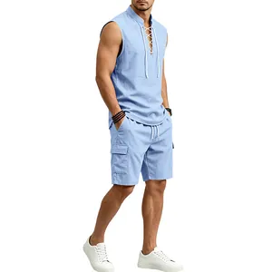 Light blue men's summer linen sleeveless lace-up top and cargo shorts casual set