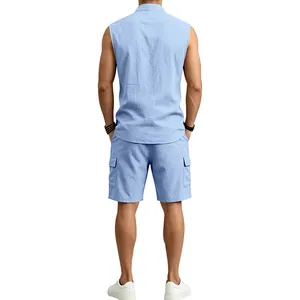 Back view of a men's light blue sleeveless linen shirt and matching cargo shorts set