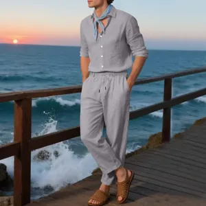 Men's breathable linen two-piece set featuring long sleeve shirt and trousers at sunset