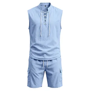 Macro view of blue linen sleeveless shirt lace-up neck and matching cargo shorts