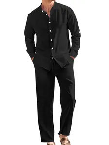 Lässiges schwarzes Leinen-Set für Herren mit lockerem Langarmhemd und Strandhose
