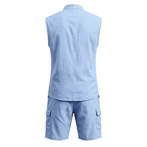 Back view of a men's blue linen sleeveless shirt and matching cargo shorts set