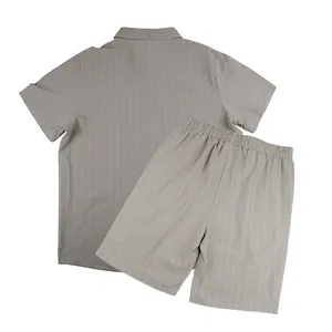 Back view detail of men's gray pinstripe linen shirt and shorts casual summer set