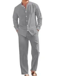 Lässiges graues Leinen-Set für Herren mit langärmeligem Hemd und Hose für den Strand