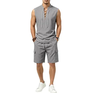 Full view of men's grey sleeveless lace-up linen shirt and cargo shorts set in grey