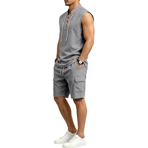Full view of men's grey linen sleeveless shirt and matching multi-pocket cargo shorts