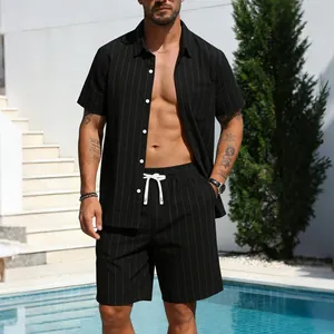 Outdoor detail showing the black pinstripe linen shirt and matching shorts for men