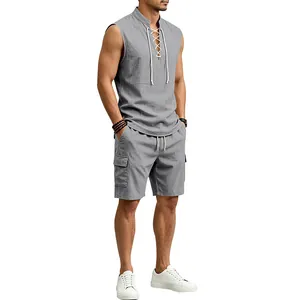 Men's grey linen sleeveless lace-up shirt and multi-pocket cargo shorts set.