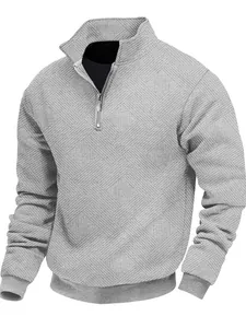 Felpa grigia da uomo con mezza zip e raffinato motivo jacquard geometrico d'epoca