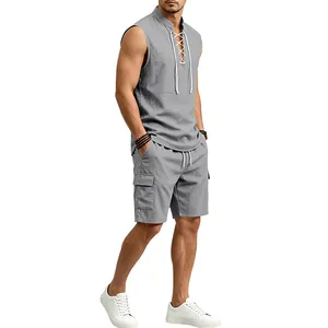 Men's grey linen sleeveless lace-up shirt and cargo shorts summer set on white background