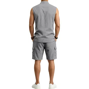 Back view of a men's casual grey linen sleeveless shirt and cargo shorts summer set