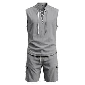 Summer men's grey linen sleeveless lace-up shirt and cargo shorts two-piece outfit