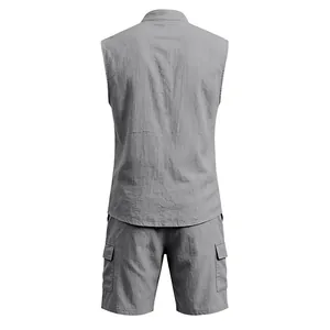 Back view of men's casual grey linen sleeveless shirt and multi-pocket cargo shorts set.