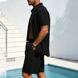 Casual men's black striped linen shirt and shorts set shown from a professional side profile