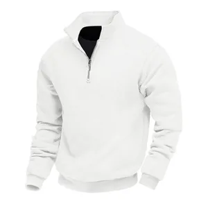 Men's vintage white jacquard half-zip sweatshirt with heavy long sleeve texture