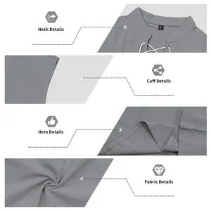 Detailed views of men's grey linen sleeveless lace-up shirt texture and tailoring