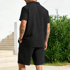 Back view of a men's black pinstripe linen shirt and matching shorts leisure set