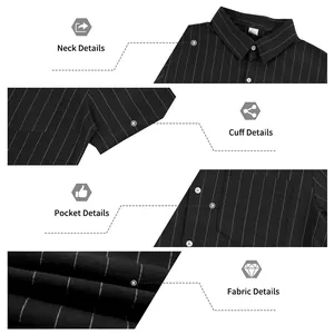 Detailed views of men's striped linen shirt showing collar, cuff, pocket, and fabric