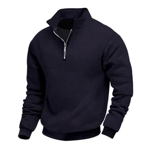 Men's retro half-zip jacquard sweatshirt in navy blue with a heavy textured diamond pattern