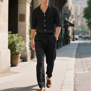 Men's casual black linen shirt and trousers two-piece set for summer streetwear outfit