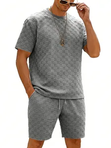 Graues Herren-Set mit strukturiertem Schachbrettmuster T-Shirt und Shorts Sportbekleidung