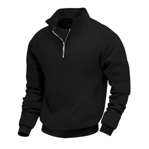 Men's retro black heavy jacquard sweatshirt with half-zip lapel and long sleeves.
